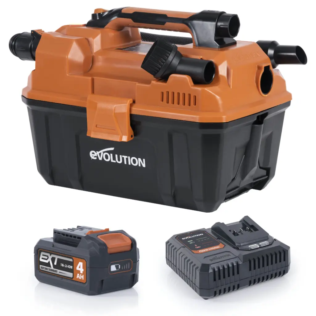 EVOLUTION POWER TOOLS - NAT- EN DROOGSTOFZUIGER R11VAC + ACCU + RAPID CHARGER