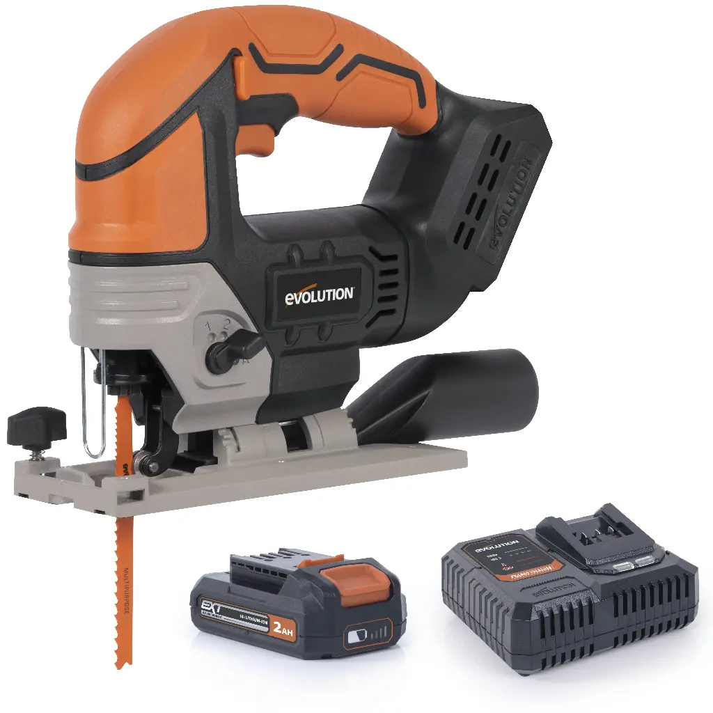 EVOLUTION POWER TOOLS - DECOUPEERZAAG + ACCU + RAPID CHARGER