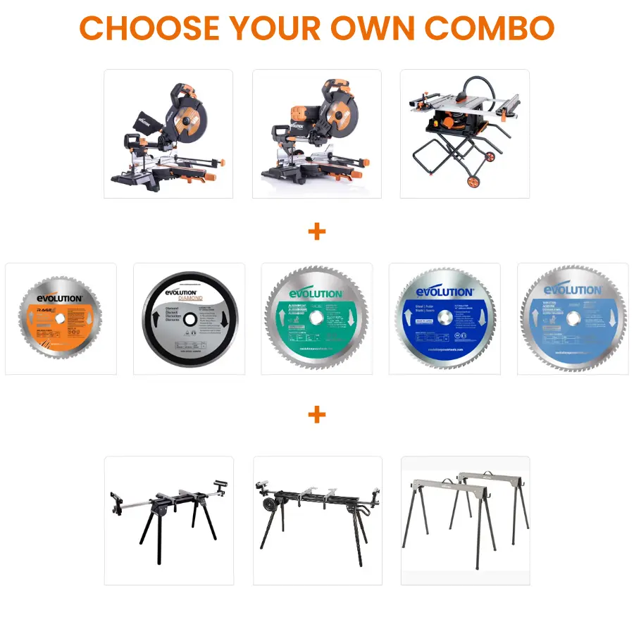 EVOLUTION POWER TOOLS - SCIE A ONGLET COULISSANT R255SMS+ + SUPPORT POUR SCIE À ONGLET