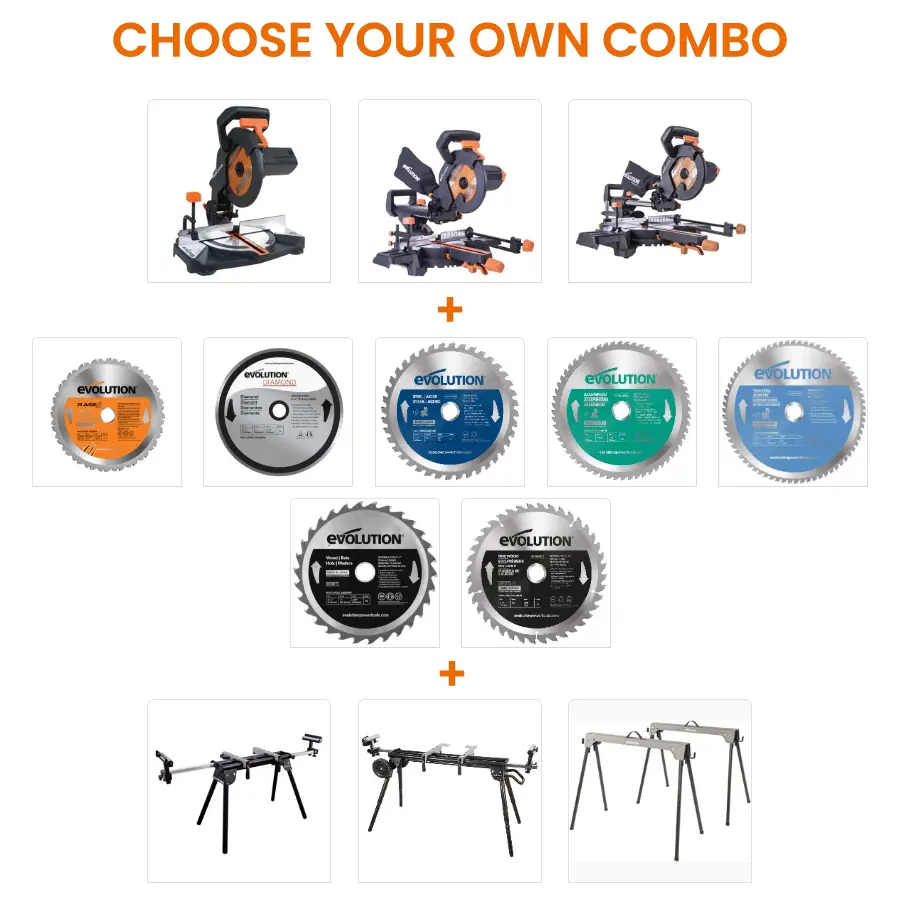 EVOLUTION POWER TOOLS - COMBO R210 + SUPPORT POUR SCIE À ONGLET