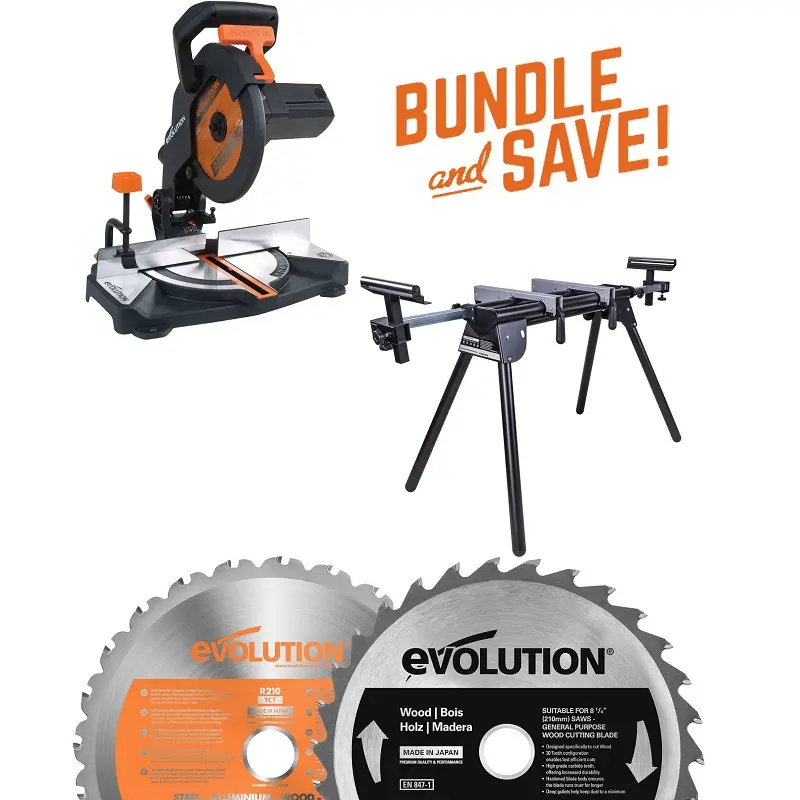 EVOLUTION POWER TOOLS - KOMBI-SET R210CMS + GEHRUNGSSTÄNDER + HOLZSÄGEBLATT