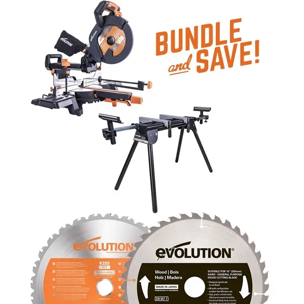 EVOLUTION POWER TOOLS - COMBOPACK R255SMS+ + MITRESTAND + ZAAGBLAD HOUT