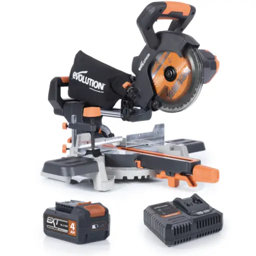 [614.LI.R185SMS] EVOLUTION POWER TOOLS - GEHRUNGSSÄGE MIT GLEITFUNKTION R185SMS + AKKU + SCHNELLLADEGERÄT