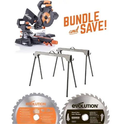 [614.BS.R185S.HO.HOU] EVOLUTION POWER TOOLS - COMBO PACK R185SMS+ + SAWHORSE + WOOD BLADE