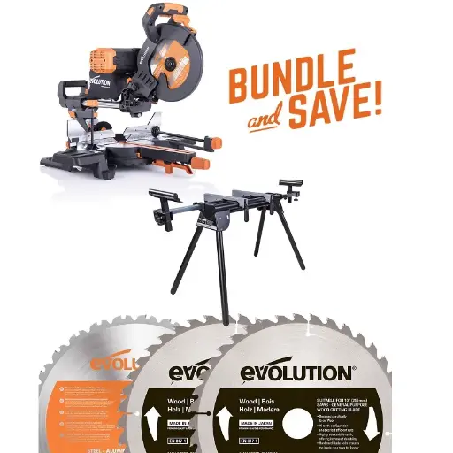 [614.BS.R255SMSDB.HO] EVOLUTION POWER TOOLS - COMBOPACK R255SMS-DB+ + ZAAGBLAD HOUT + MITRESTAND